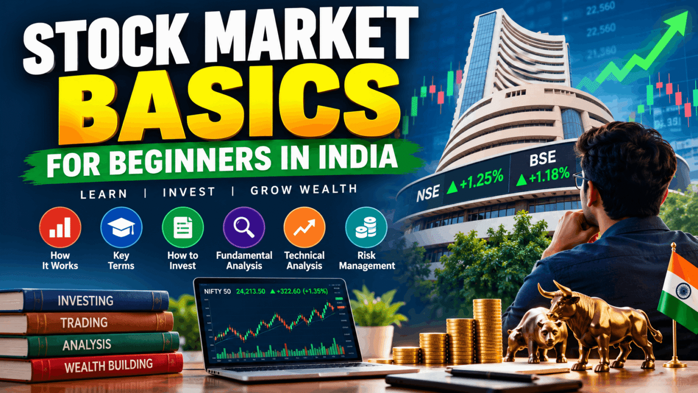 Stock Market Basics, for Beginners in India – Learn the fundamentals of investing, stock analysis, market terms, risk management, and how the Indian stock market works. stock market basics, stock market for beginners, how to invest in stocks in India, Indian stock market basics,