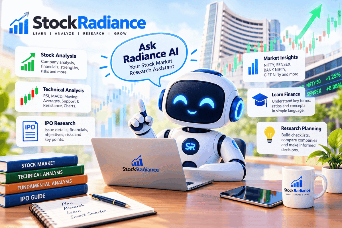 Radiance AI Bot, AI stock market assistant, stock market analysis, Indian stock market, stock analysis, technical analysis, fundamental analysis, IPO research, GIFT Nifty live, NIFTY 50 analysis, Bank Nifty analysis, stock market AI tools, RSI indicator, MACD indicator, moving averages, EMA trading strategy, VWAP trading, stock market trends, stock screener, Stock Radar, financial ratios, company financial analysis, IPO analysis India, support and resistance, trading volume analysis, market insights, AI stock research, stock market learning, investment research tools, stock market chatbot, Radiance AI stock analysis, StockRadiance.com