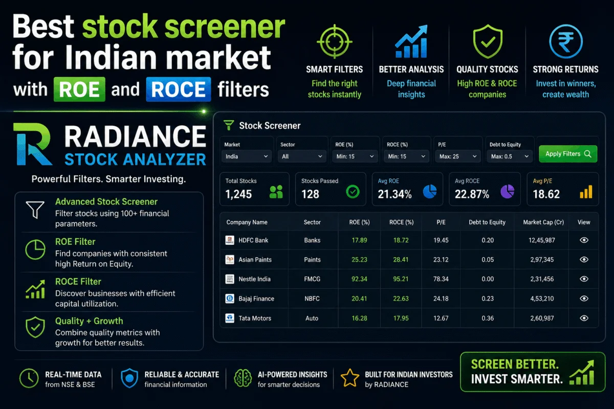 Best stock screener for Indian market with ROE and ROCE filters, AI based stock market insights, StockRadiance – Your Gateway to Smart Investing, Live Nifty 50 and Sensex interactive charts with technical indicators, for Indian retail investors,
