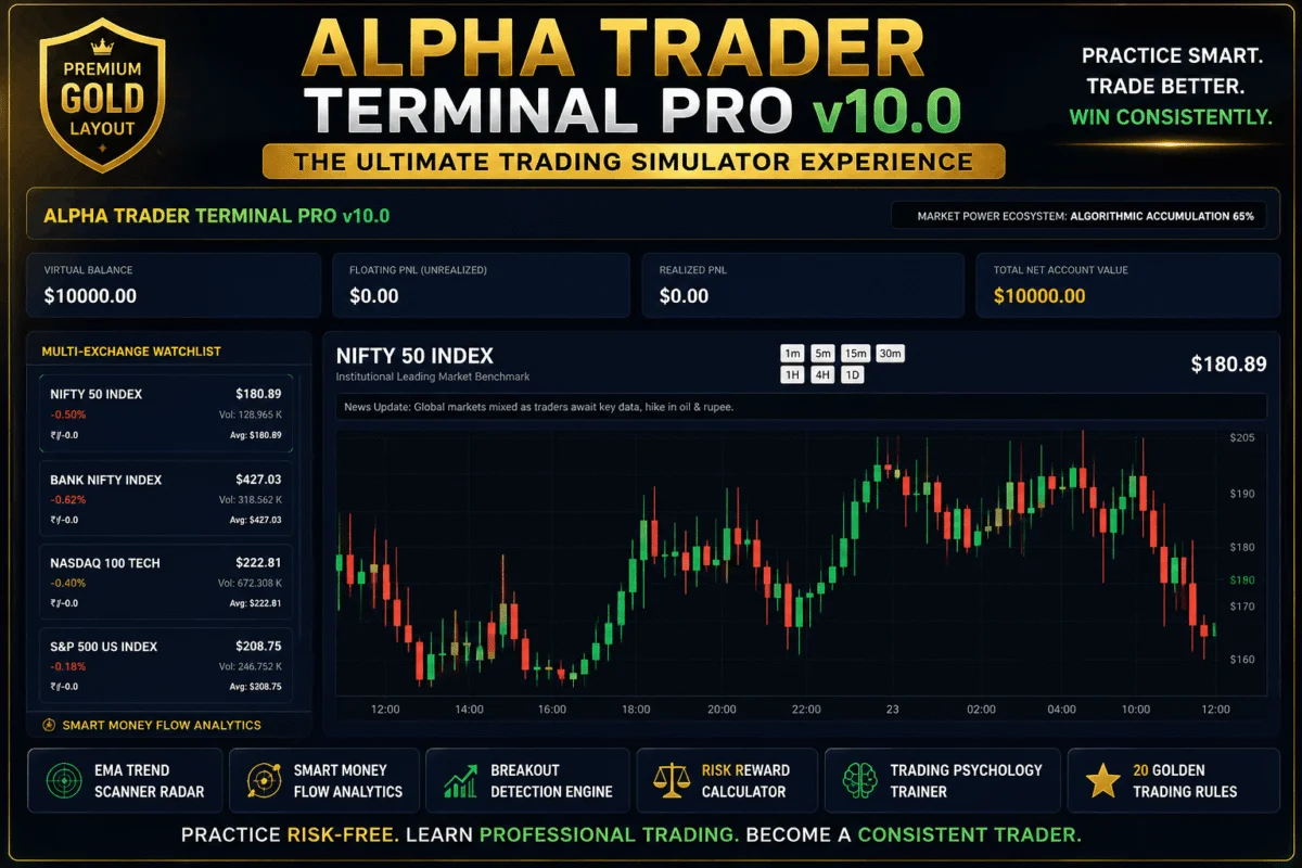 ALPHA TRADER TERMINAL PRO v10.0 2026–2027: Best Trading Simulator with Premium Gold Layout Terminal